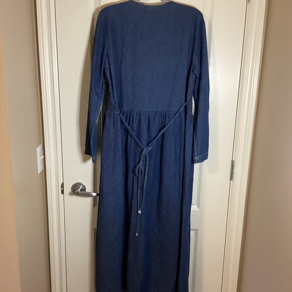 Donna Vintage Womens Denim Maxi Dress Long Sleeve Smocking Cottage Core Prairie - Picture 7 of 13